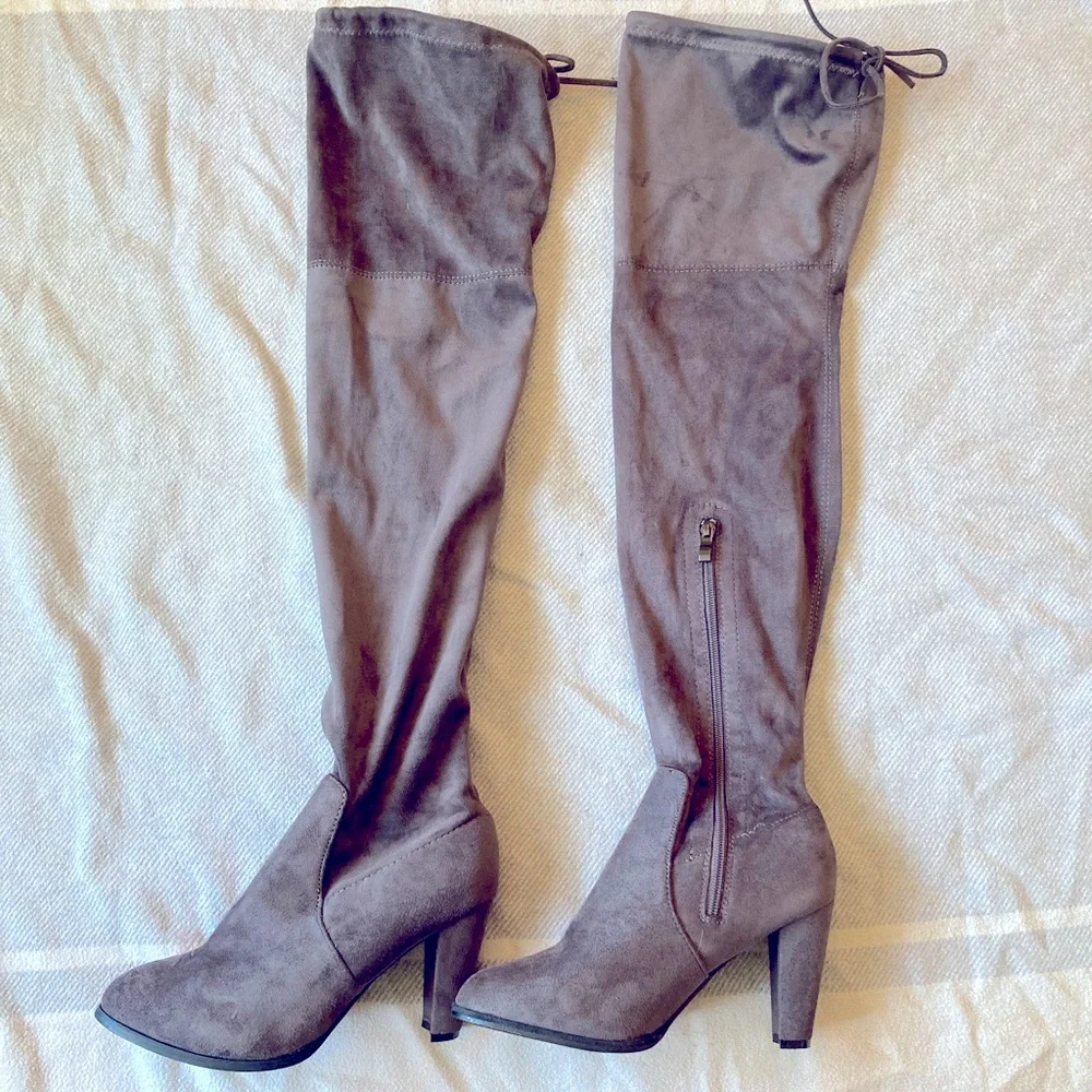 Catherine Malandrino Gray Over The Knee Boots Faux Suede Block Heel 7.5